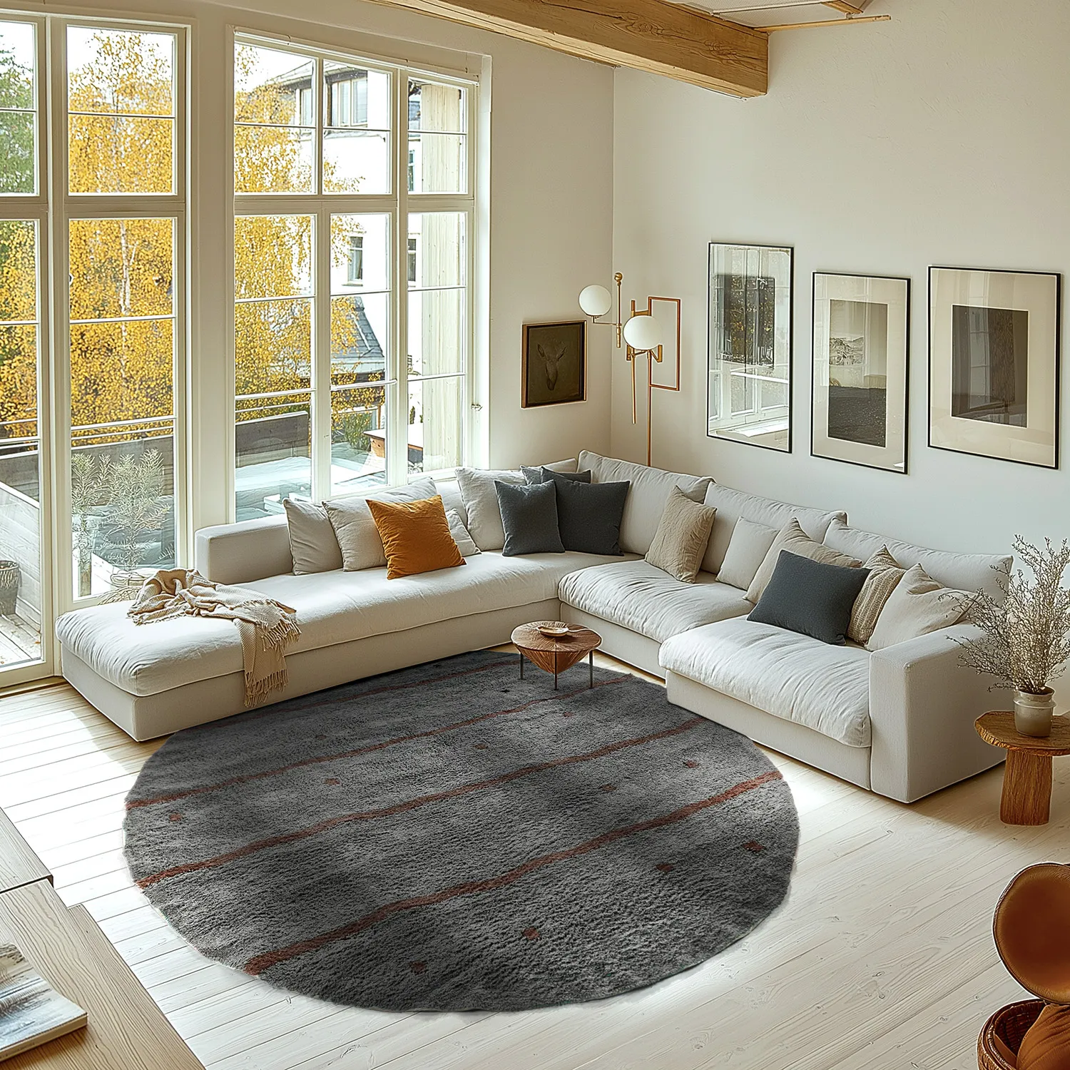 Rundt tæppe - Leora Natural Cotton Shaggy (sort/brun)