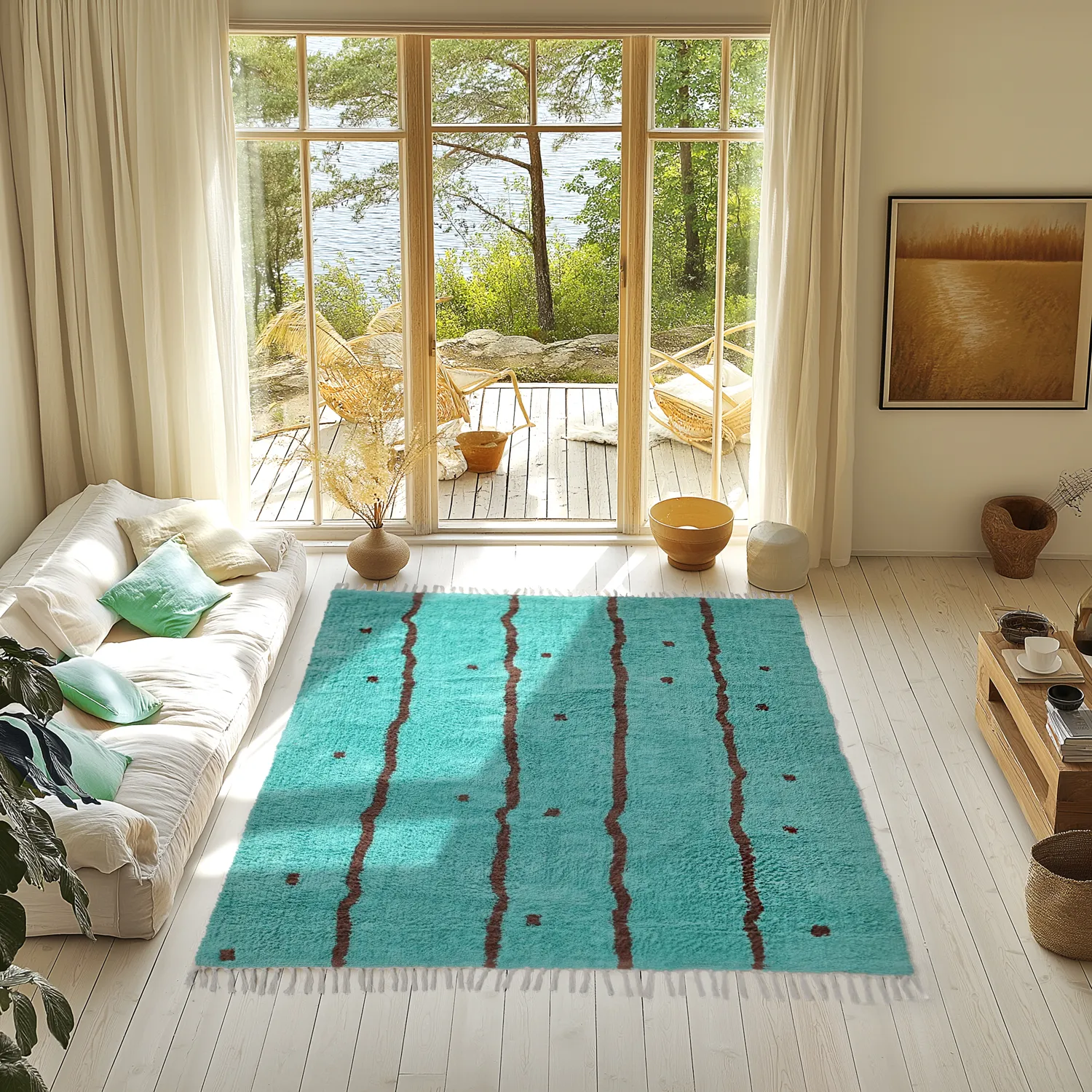 Ryatæpper - Leora Natural Cotton Shaggy (turkis/brun)