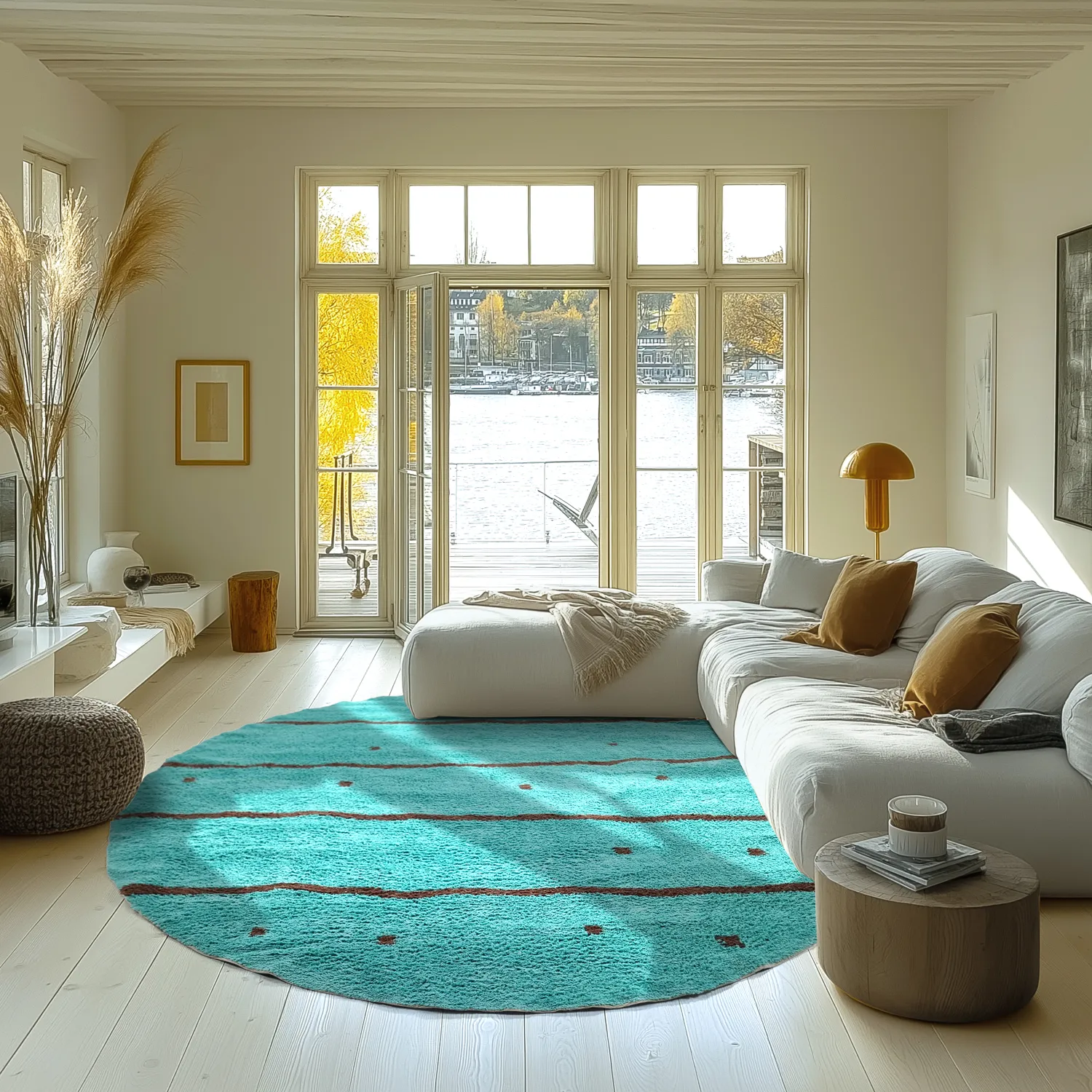 Rundt tæppe - Leora Natural Cotton Shaggy (turkis/brun)