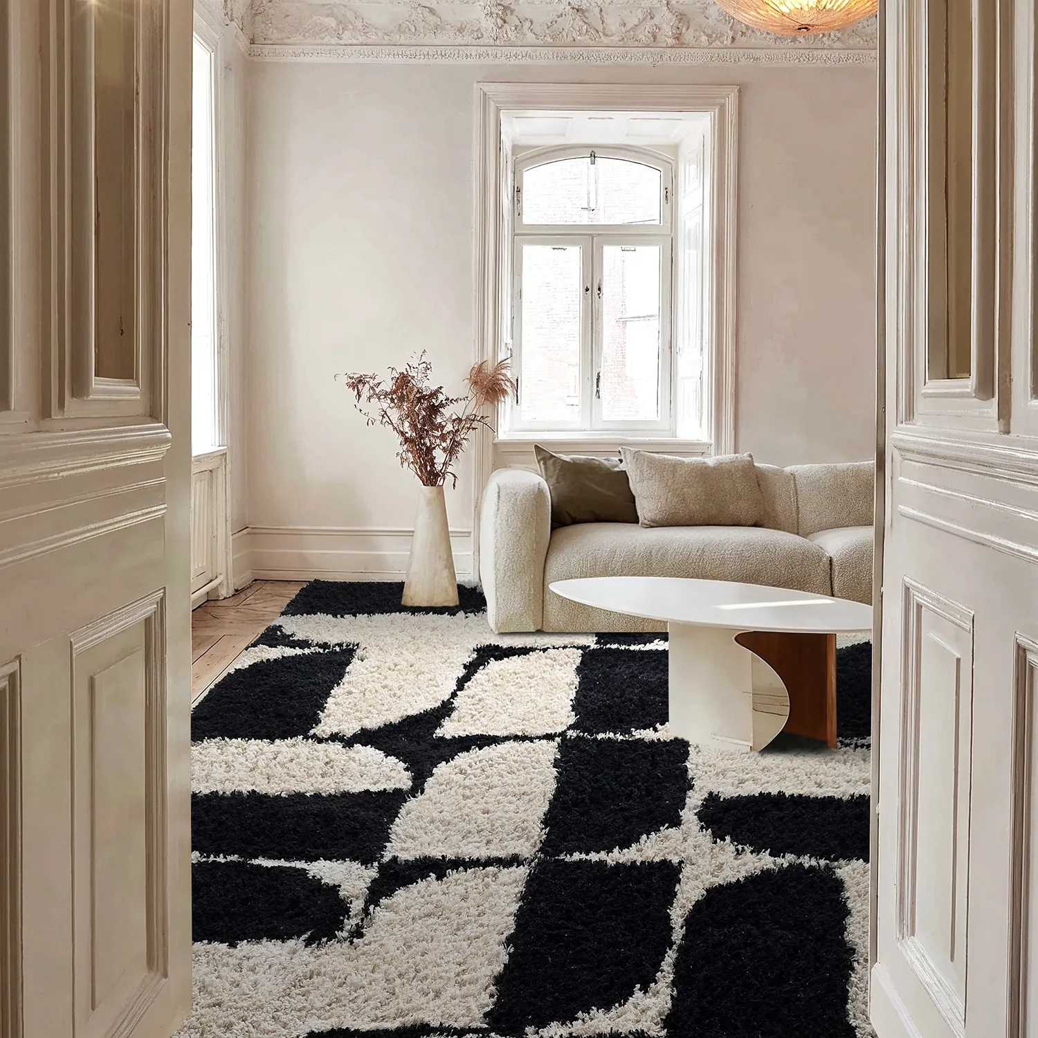 Ryatæpper - Marvao Natural Cotton Shaggy (offwhite/sort)