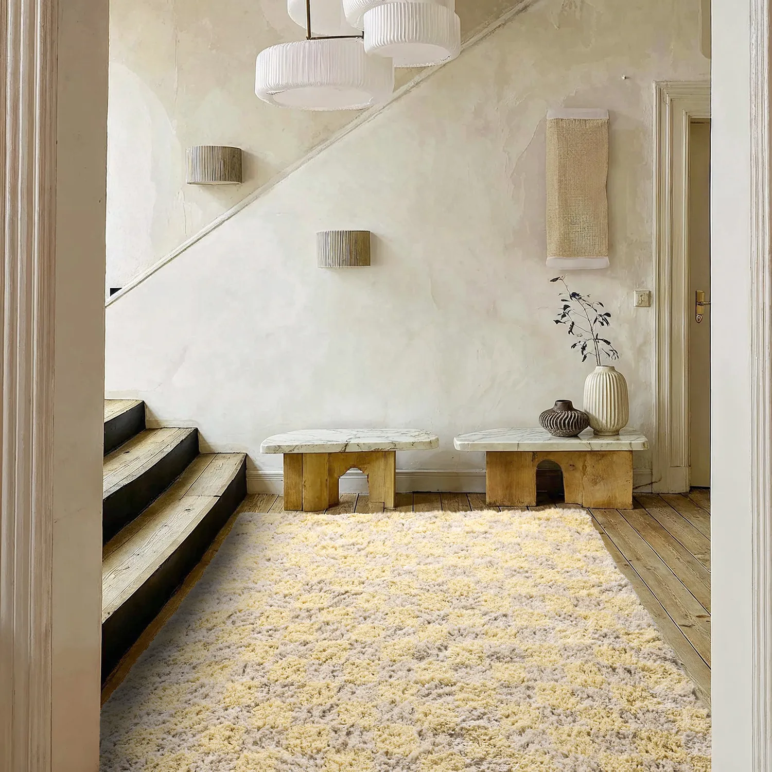 Ryatæpper - Methoni Check Cotton Shaggy (creme/lysegul)