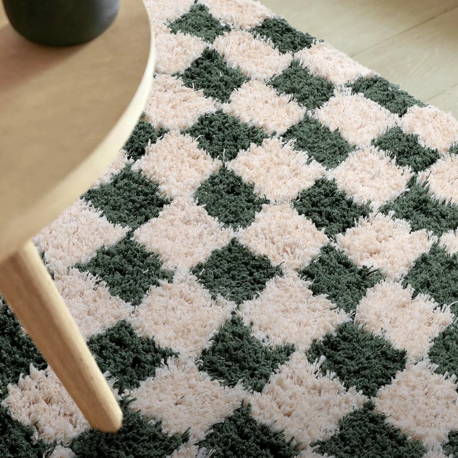 Ryatæpper - Methoni Check Cotton Shaggy (creme/grøn)