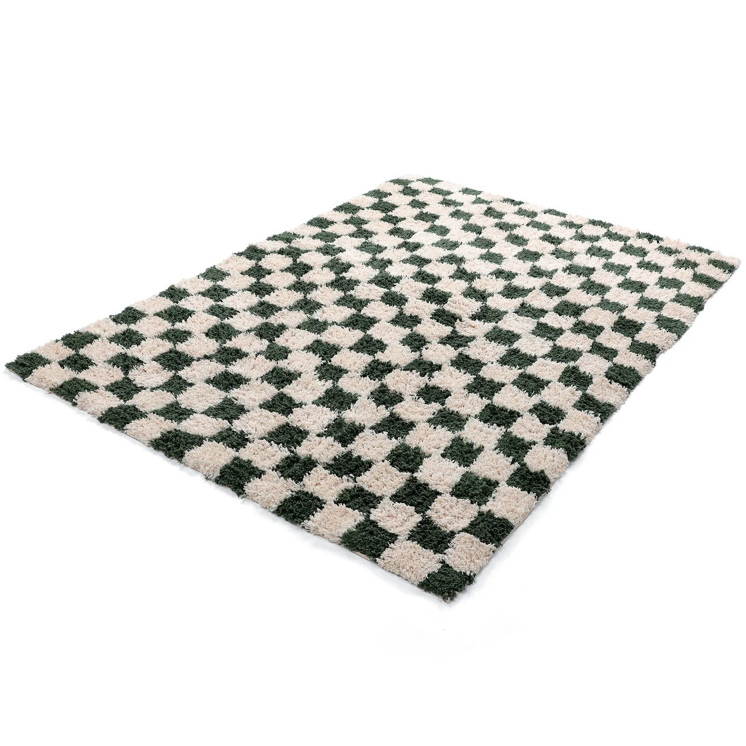 Ryatæpper - Methoni Check Cotton Shaggy (creme/grøn)
