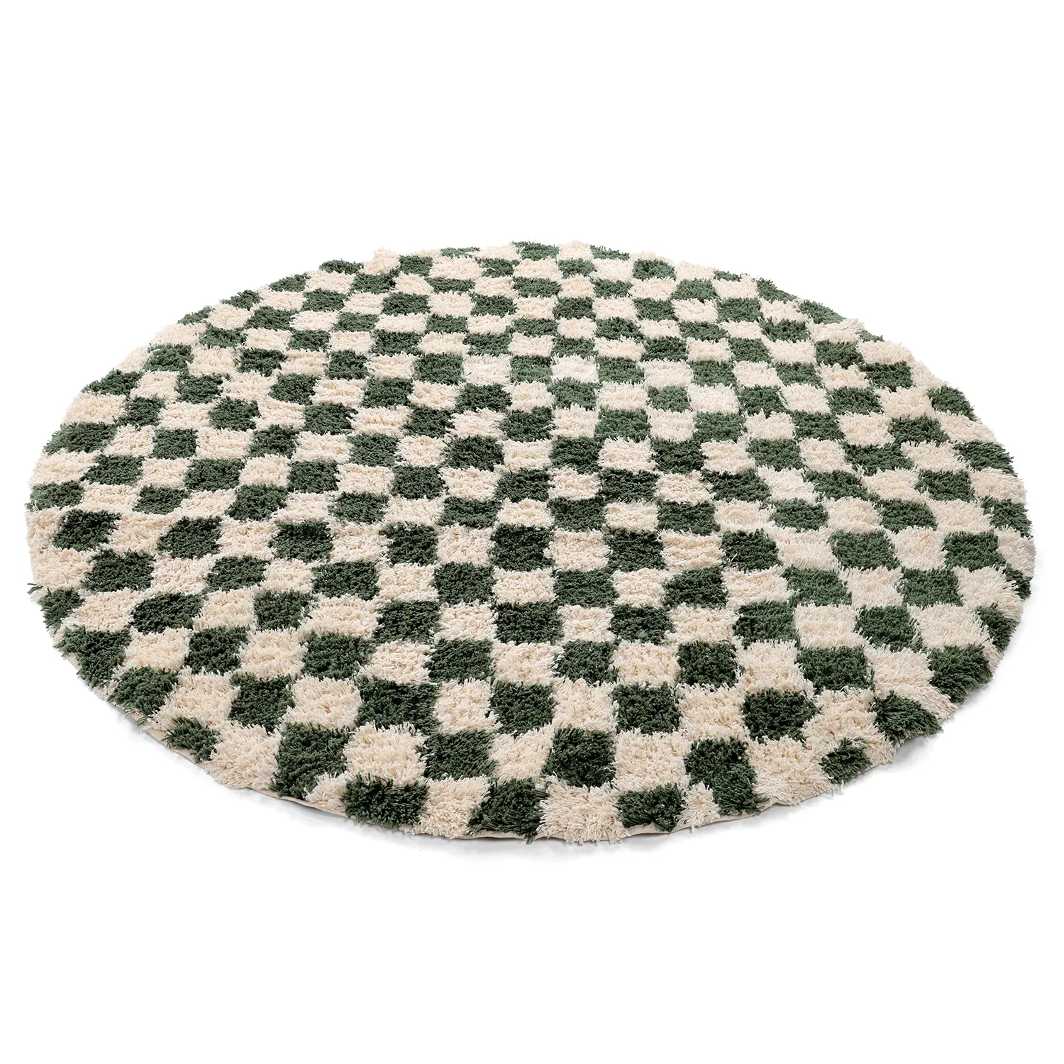 Rundt tæppe - Methoni Check Cotton Shaggy (creme/grøn)