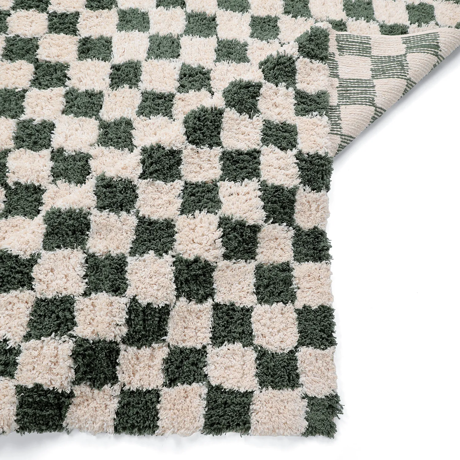 Ryatæpper - Methoni Check Cotton Shaggy (creme/grøn)