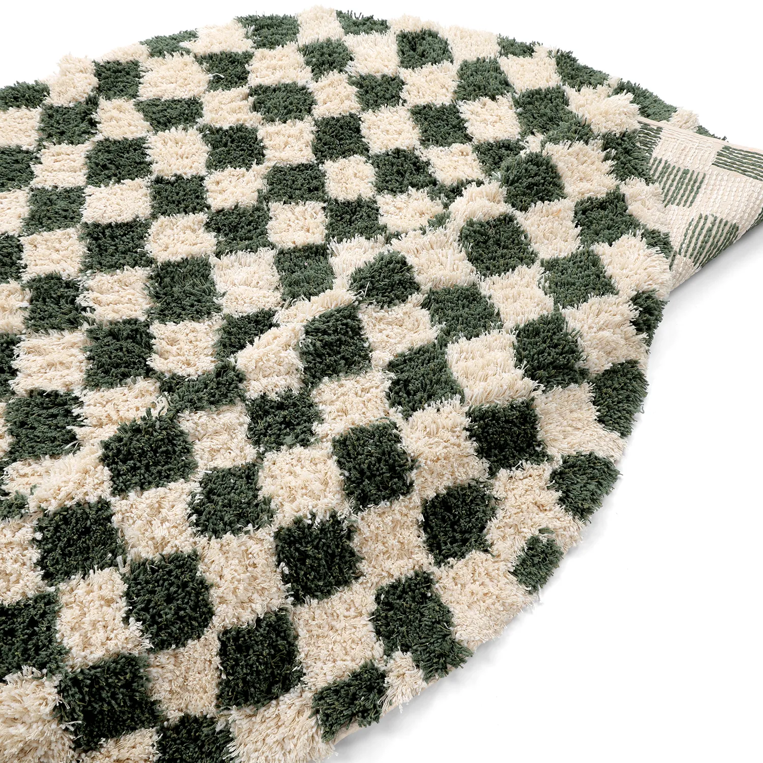 Rundt tæppe - Methoni Check Cotton Shaggy (creme/grøn)