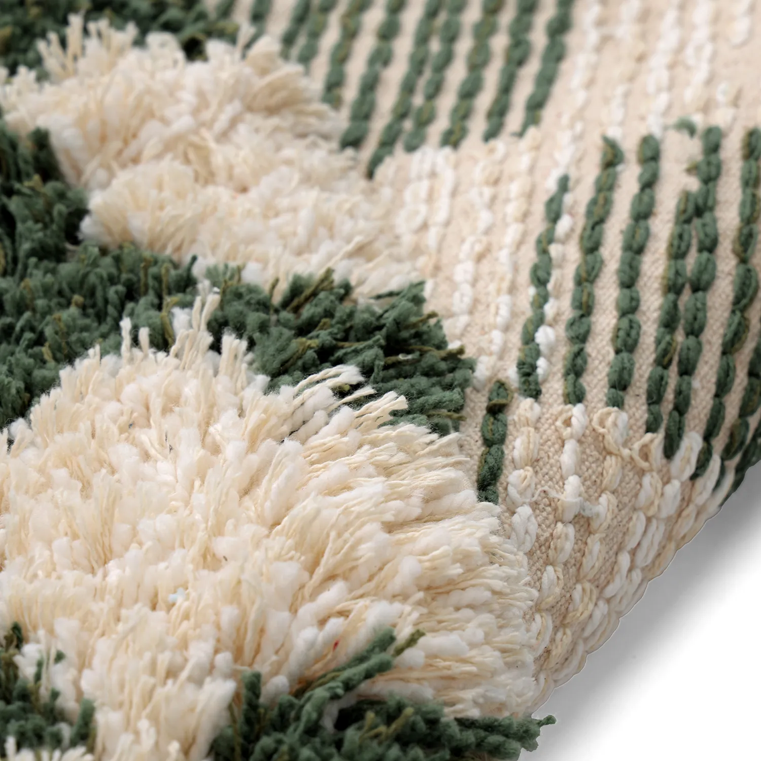 Rundt tæppe - Methoni Check Cotton Shaggy (creme/grøn)