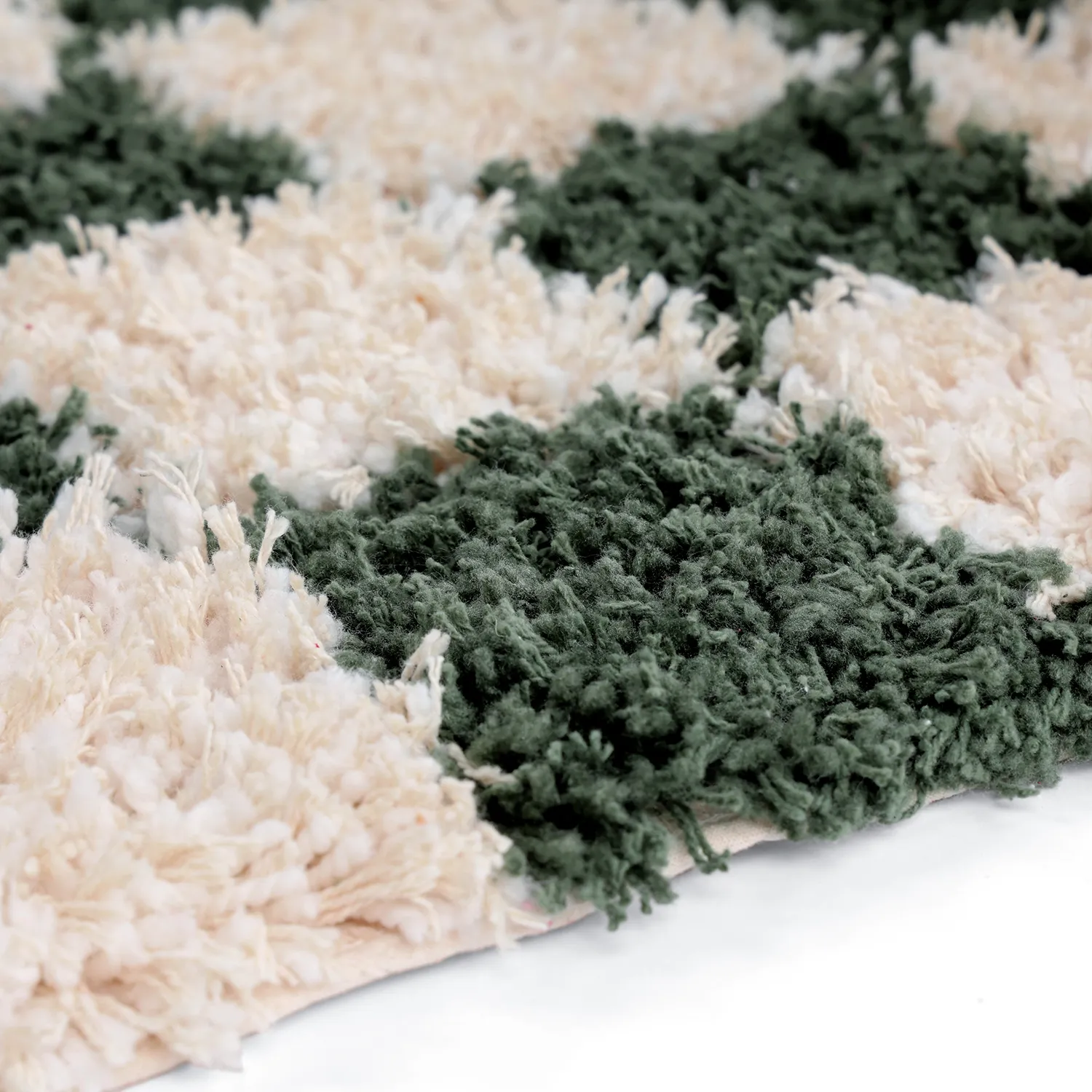 Ryatæpper - Methoni Check Cotton Shaggy (creme/grøn)