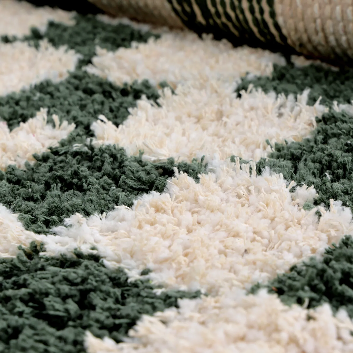 Ryatæpper - Methoni Check Cotton Shaggy (creme/grøn)