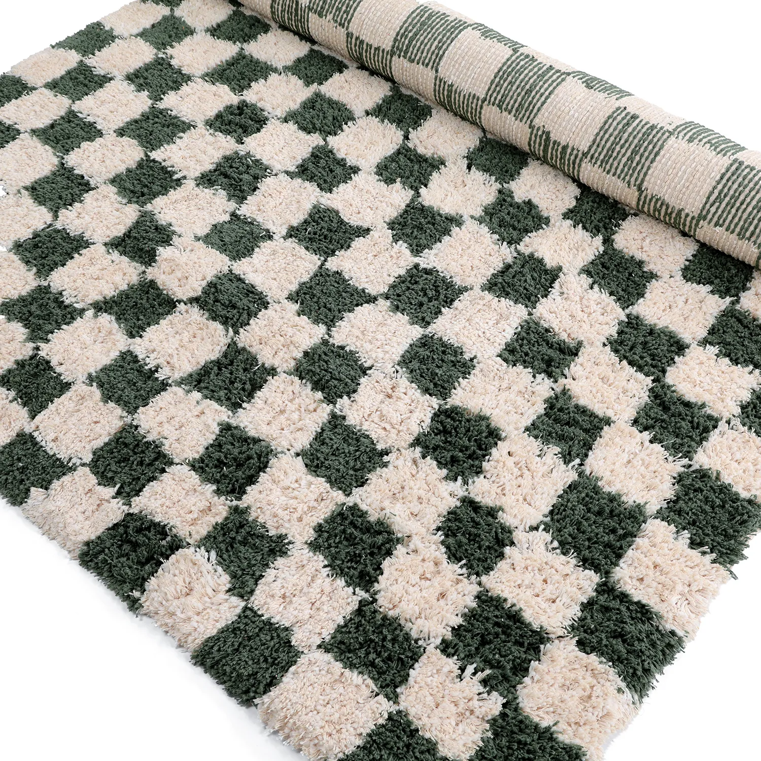 Ryatæpper - Methoni Check Cotton Shaggy (creme/grøn)