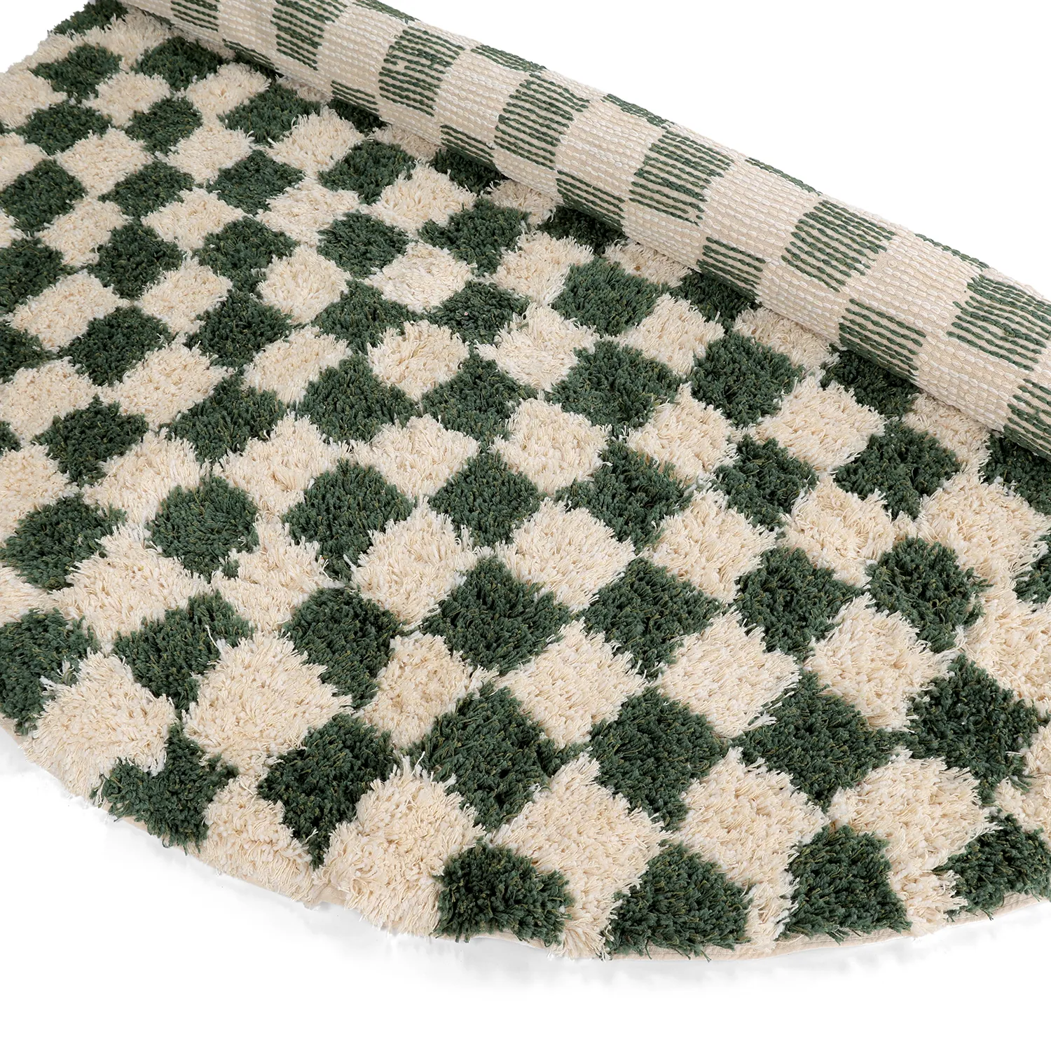 Rundt tæppe - Methoni Check Cotton Shaggy (creme/grøn)