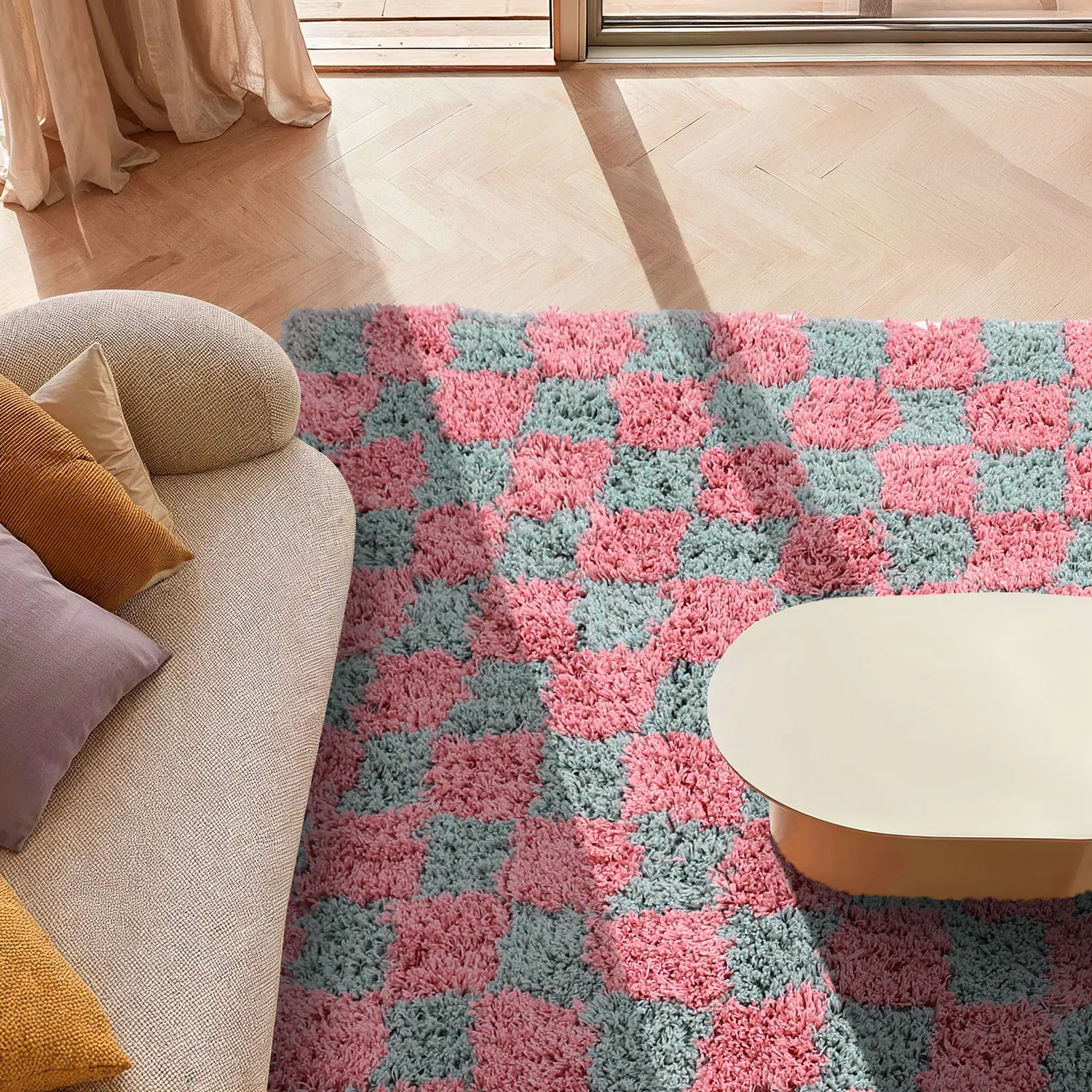 Ryatæpper - Methoni Check Cotton Shaggy (lyseblå/lyserosa)