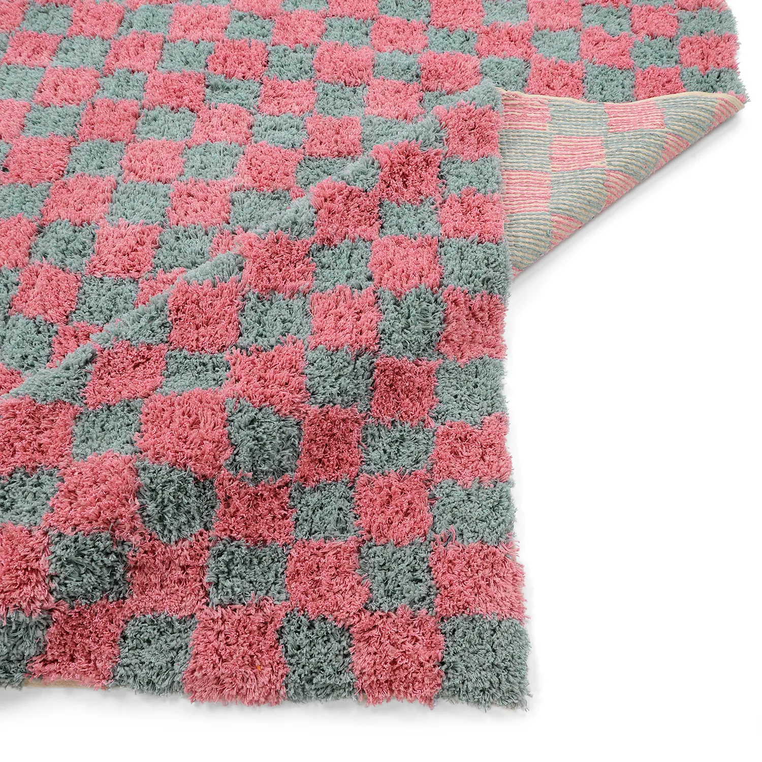 Ryatæpper - Methoni Check Cotton Shaggy (lyseblå/lyserosa)