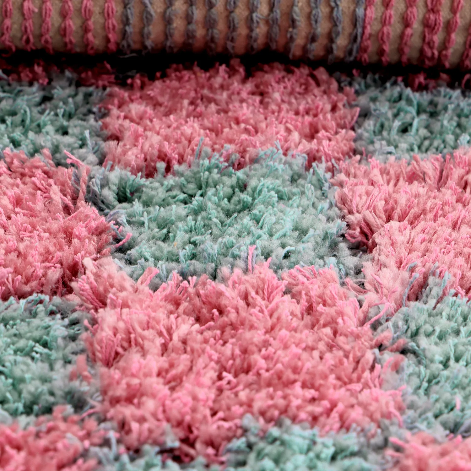 Ryatæpper - Methoni Check Cotton Shaggy (lyseblå/lyserosa)