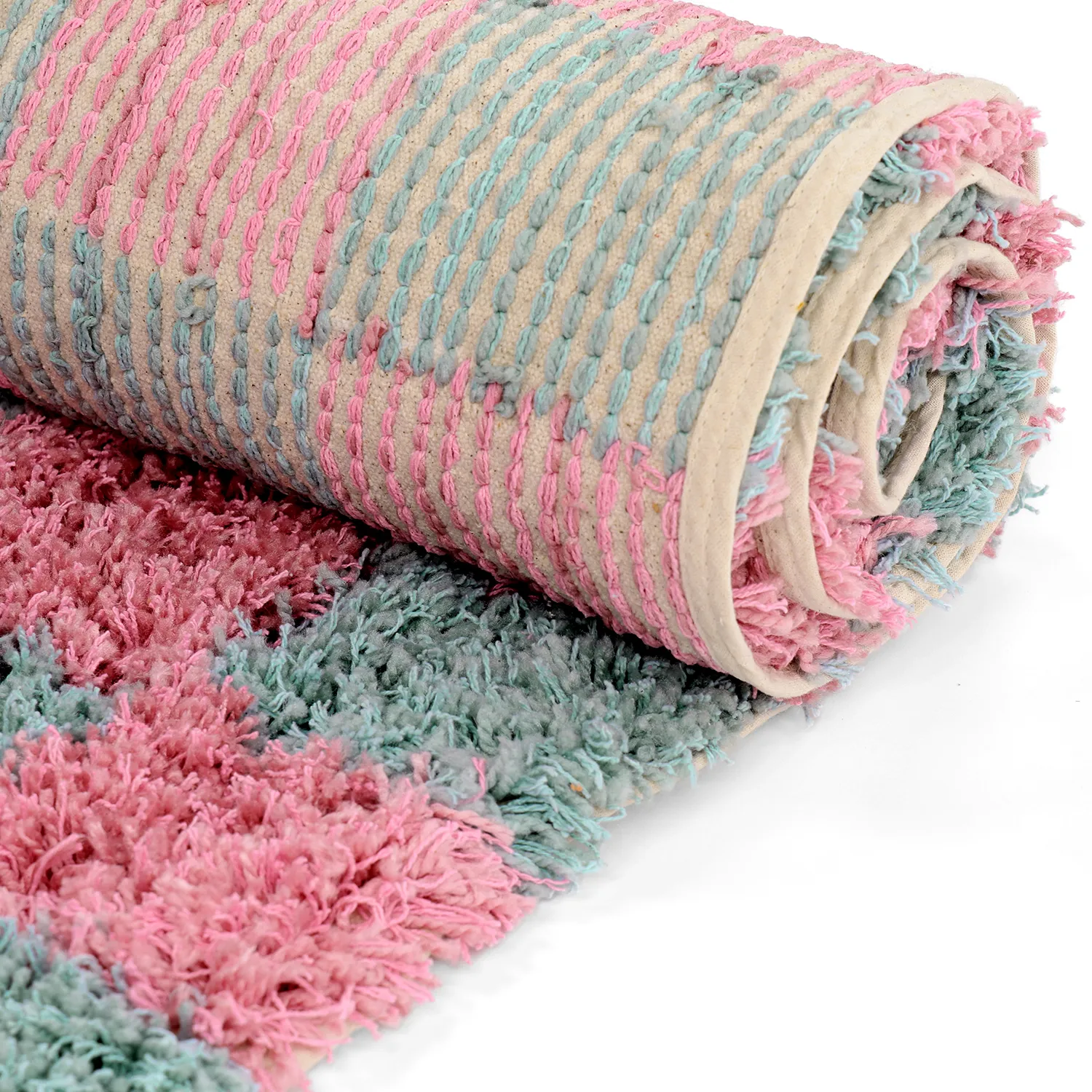 Ryatæpper - Methoni Check Cotton Shaggy (lyseblå/lyserosa)