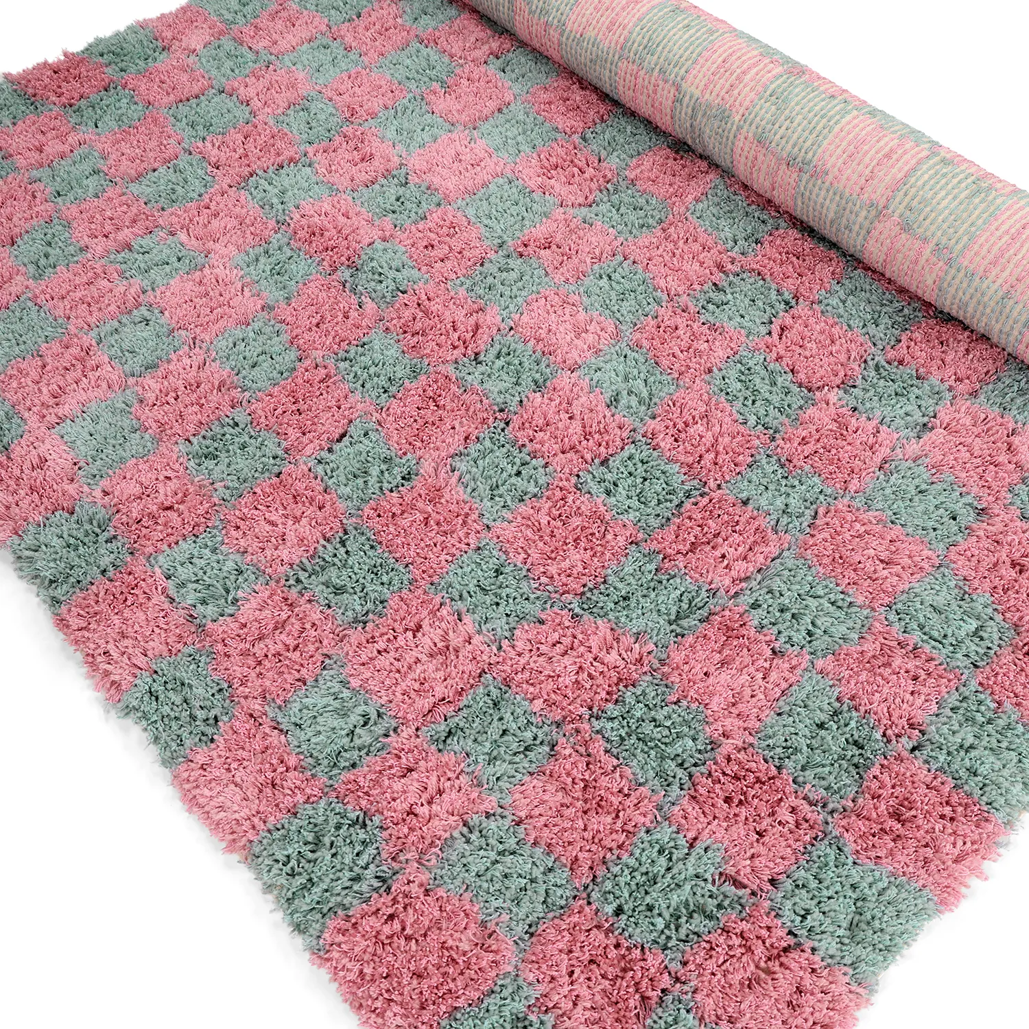 Ryatæpper - Methoni Check Cotton Shaggy (lyseblå/lyserosa)