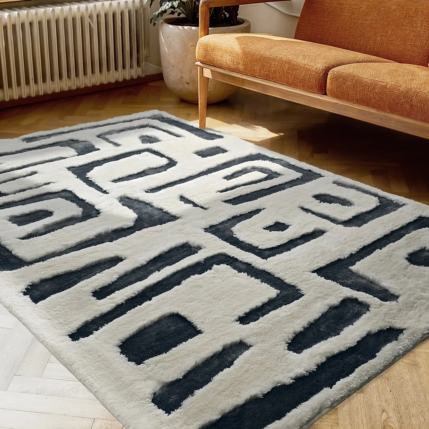 Ryatæpper - Palmyra (hvid/marineblå)