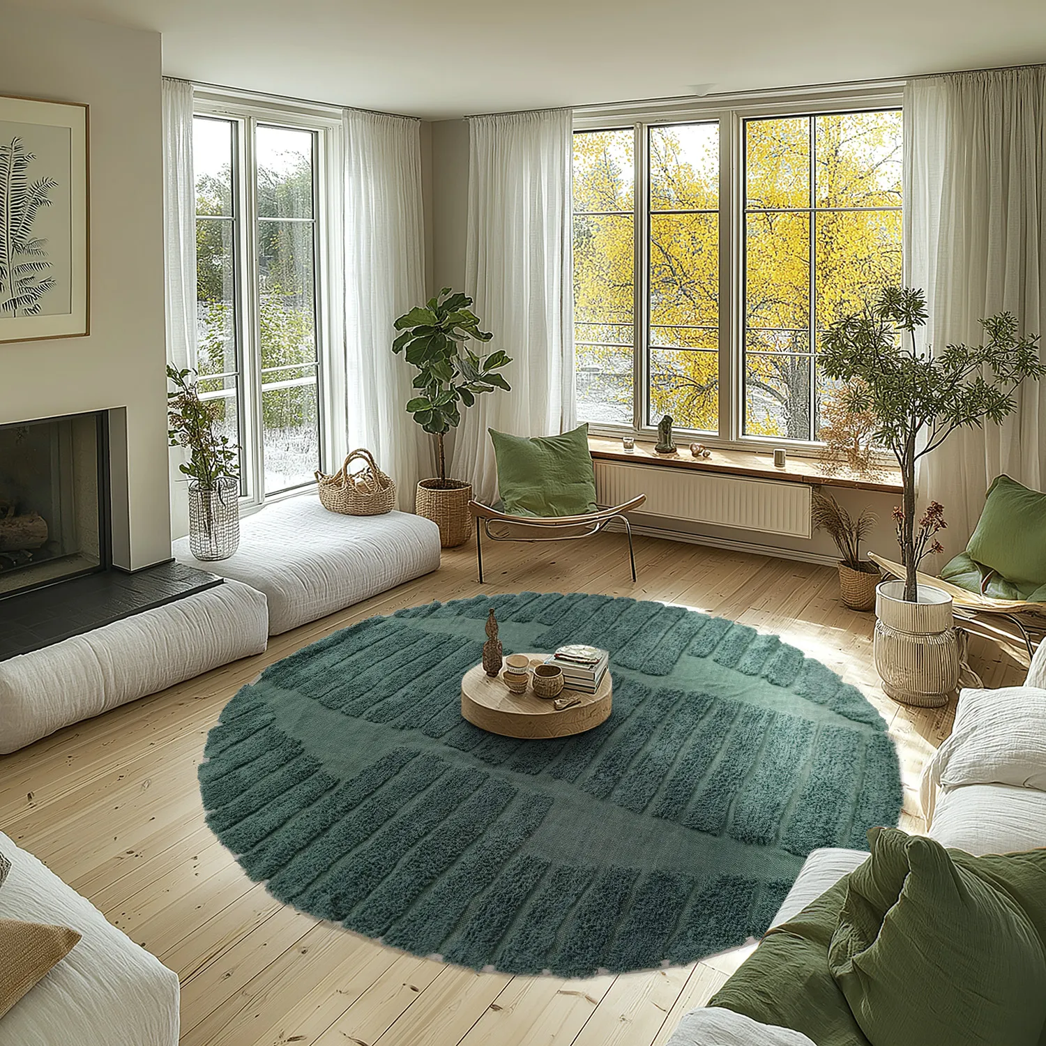 Rundt tæppe - Rani Natural Cotton Shaggy (grøn)