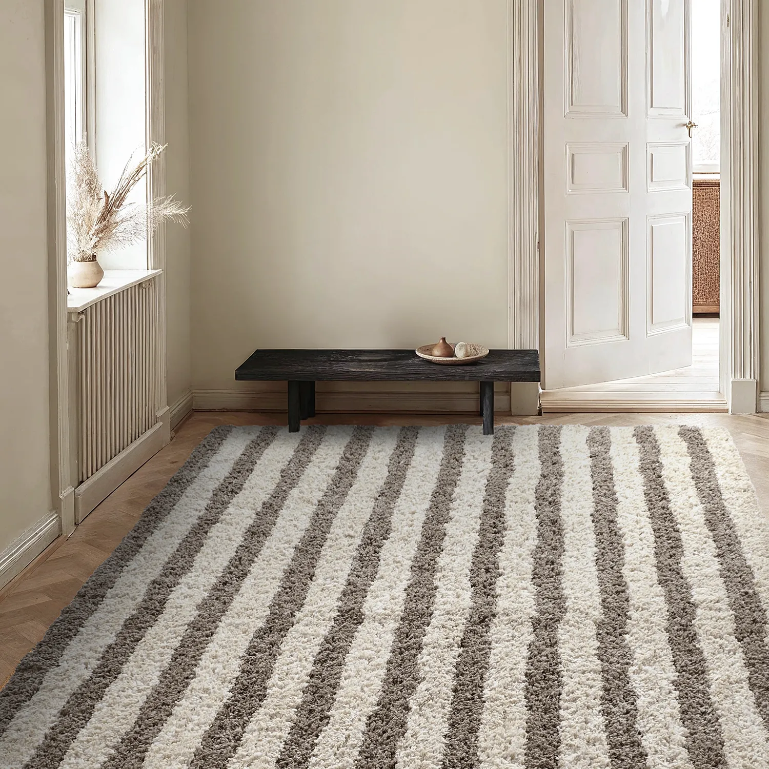 Ryatæpper - Thira Stripe Cotton Shaggy (creme/taupe)