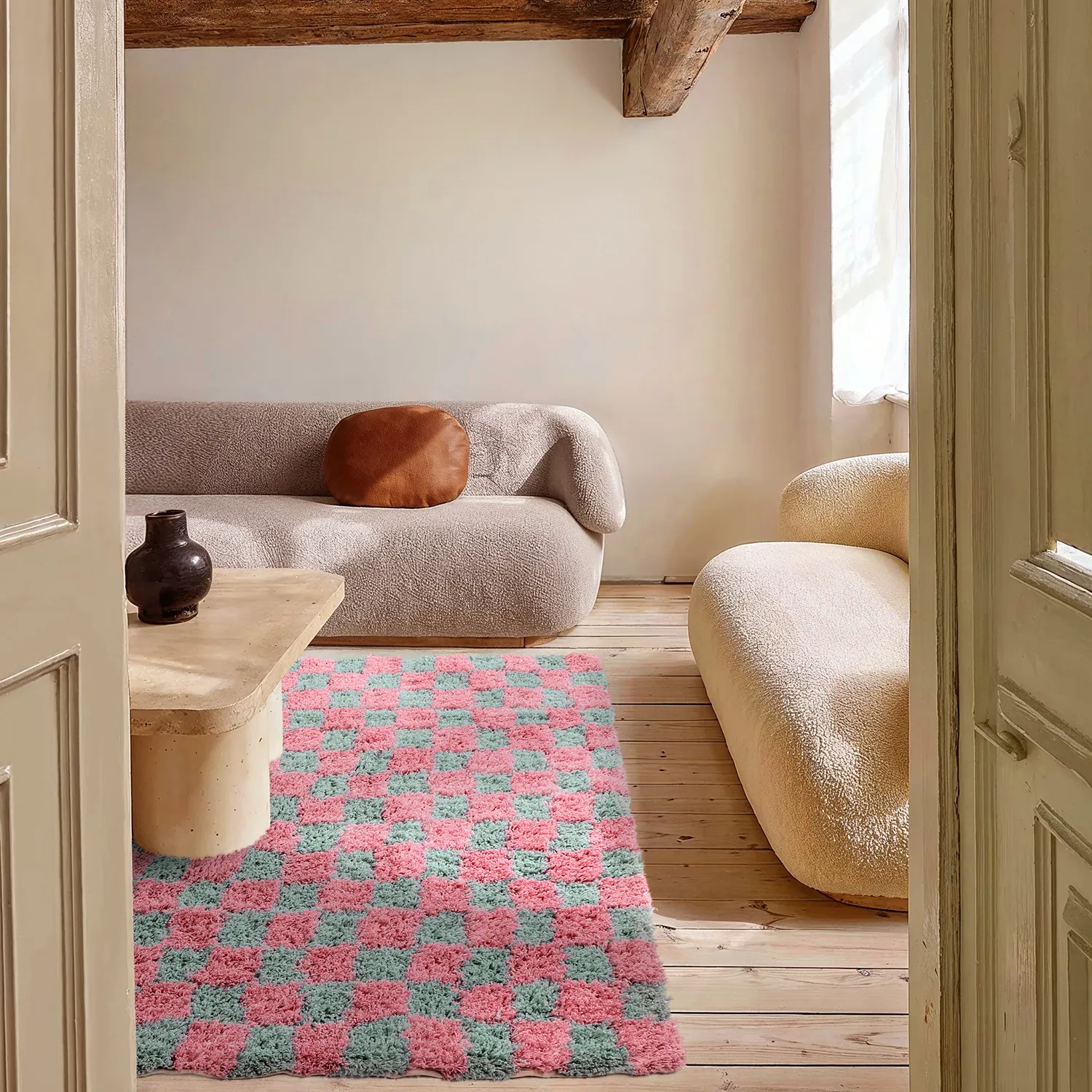 Ryatæpper - Methoni Check Cotton Shaggy (lyseblå/lyserosa)