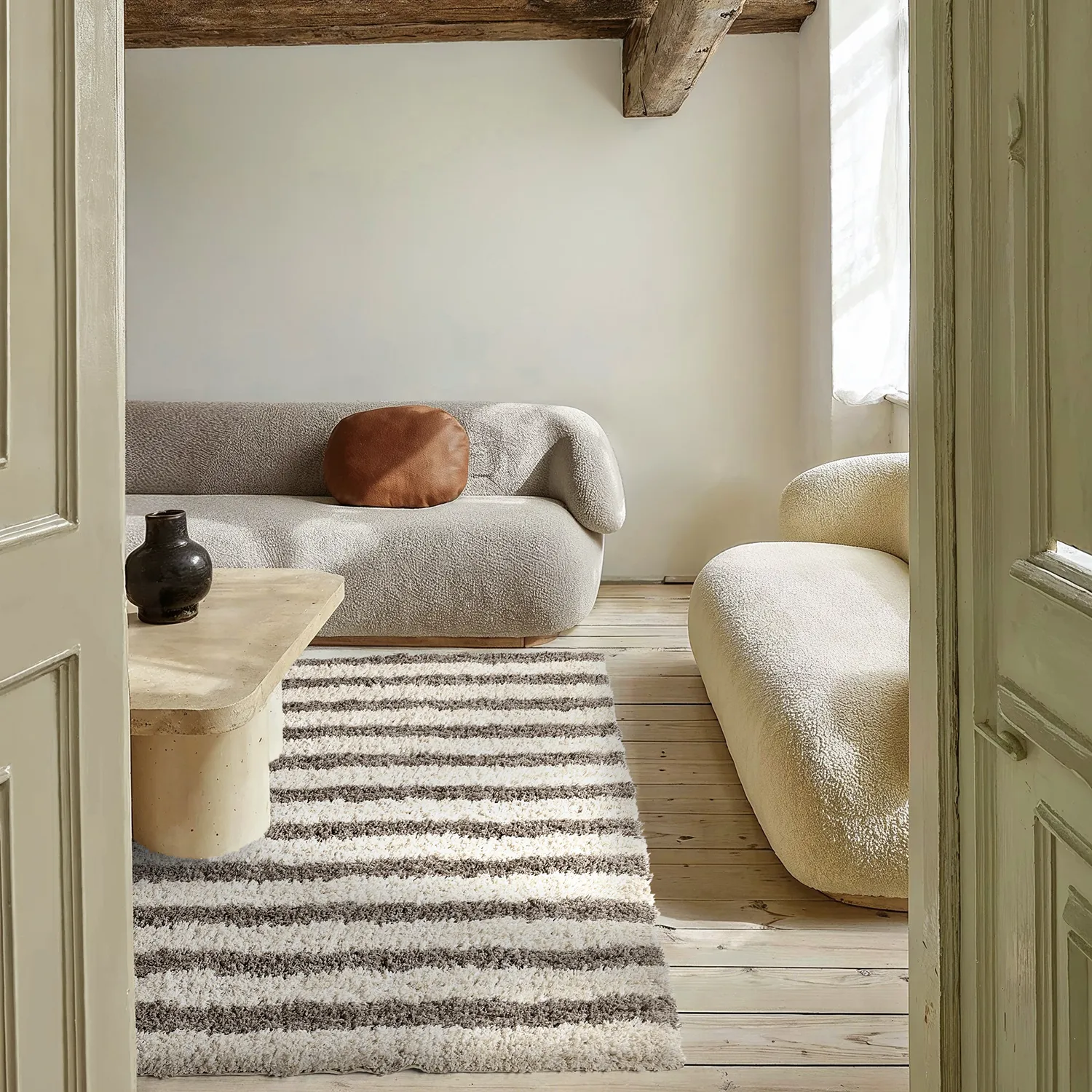 Ryatæpper - Thira Stripe Cotton Shaggy (creme/taupe)