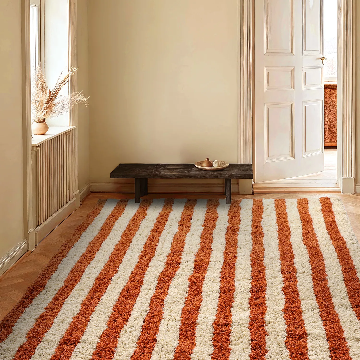 Ryatæpper - Thira Stripe Cotton Shaggy (lysegul/lys orange)