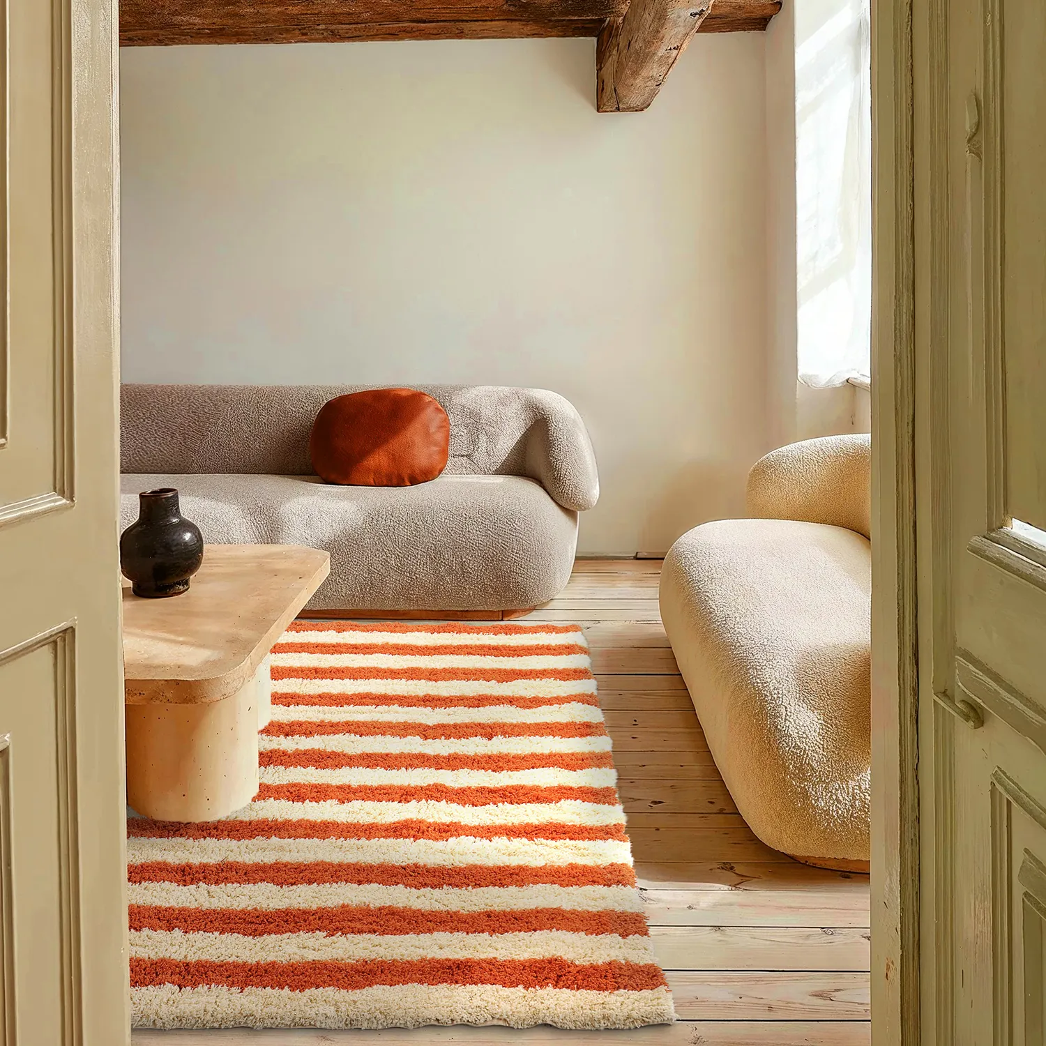 Ryatæpper - Thira Stripe Cotton Shaggy (lysegul/lys orange)