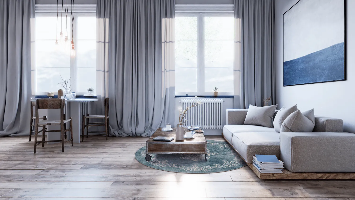 Rundt tæppe - Santi (blå/beige)