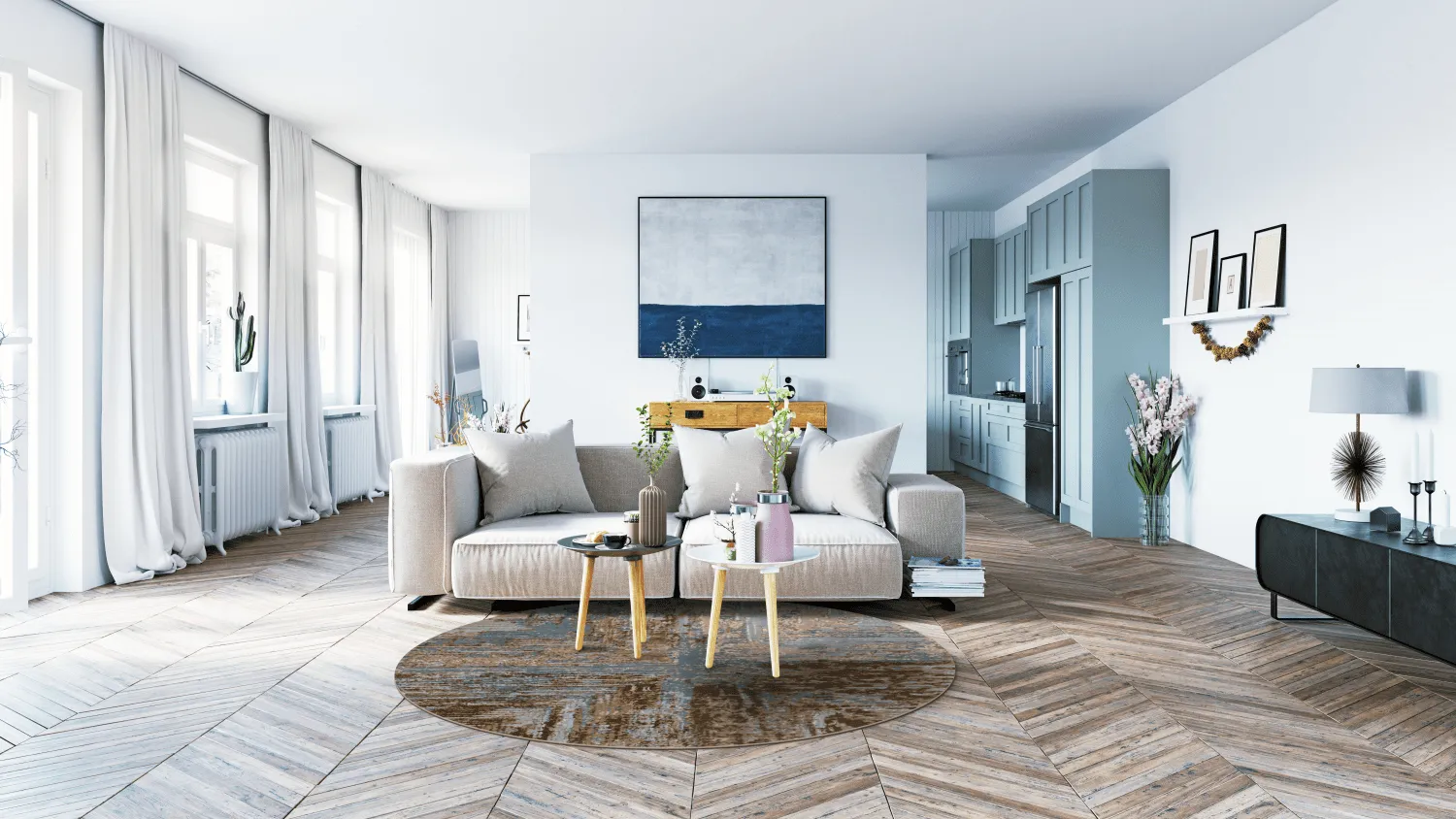 Rundt tæppe - Tizzano (blå/multi)