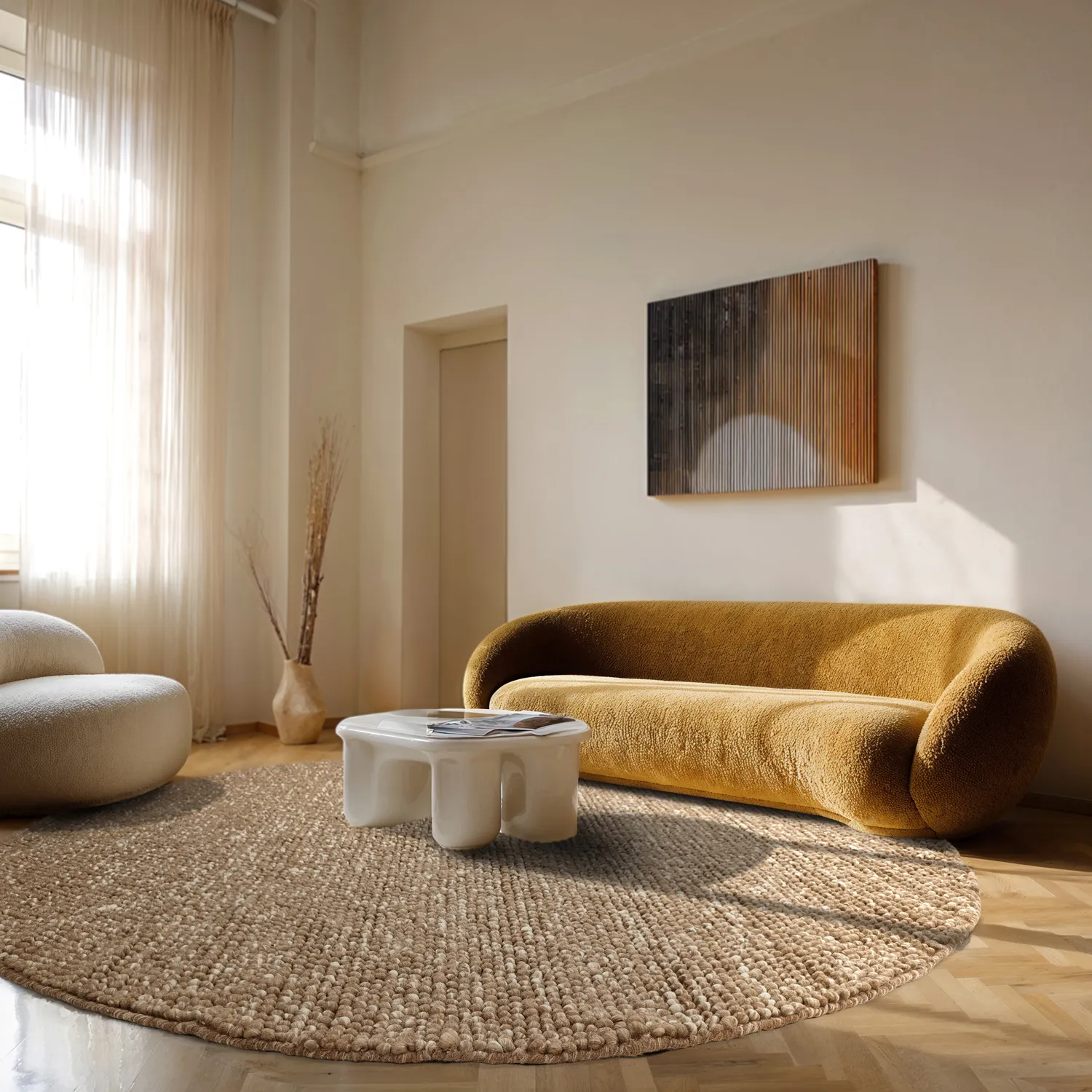 Rundt tæppe - Avafors Wool Bubble (lysebrun/hvid)